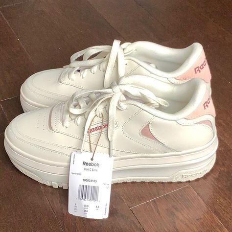 Reebok Club C Extra (Platform) in White/Pink Reebok Club C Extra, Reebok Classic Club C, Reebok Freestyle, Off White Colour, Reebok Classic Leather, Reebok Classics, White Running Shoes, Reebok Club C, Vintage Reebok