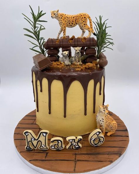 Suzanne Firmstone on Instagram: "Loved making this cheetah themed cake, I have been waiting for ages for an excuse to use the letters al la @cupcakerbradford, I can’t thank her enough for her kindness in sharing her secrets! . . . . #dripcake #junglecake #cheetahcake #chocolatecake #chocolate #cake #cakecakecake #cheetah #jumgle #birthdaycake #cakemaker #cakedecorating #cakedesign #cakedecorator #instafood #hertford #broxbourne #hertfordshire" Cheetah Cake Birthday, Animal Print Cakes, Jungle Cake Ideas, Jaguar Cake, Cheetah Cupcakes, Cheetah Birthday Cakes, Cheetah Cake, Cheetah Birthday Party, Lion Birthday Cake