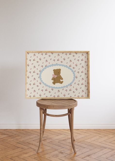 This Listing is for a Cute Teddy Bear Wall Art Printable. With a scallop edge and pastel blue and pink floral background, it has a perfect vintage feel! Perfect for a girl's room, playroom, or nursery! I have a lot of similar and complimentary pieces including a Gallery Wall Art Set, so please check out my shop if you want to get more and save! PLEASE NOTE, THIS IS A DIGITAL DOWNLOAD ONLY. No physical product will be shipped. All files are available immediately after purchase for download. You will receive a PDF with a download link. Just download, print, and frame! Once your payment is confirmed, Etsy will email you a link to download your order and also make your PDF with the link to download available in your account order history. WHAT YOU WILL RECEIVE: One high-resolution Poster in .j Teddy Bear Nursery Theme, Nursery Cottagecore, Bear Nursery Theme, Art Vintage Aesthetic, Aesthetic Nursery, Teddy Bear Wall Art, Teddy Bear Wall, Bear Nursery Art, Pink Floral Background