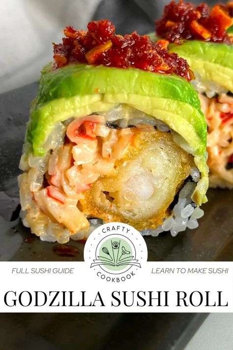 This Godzilla Roll is a specialty sushi roll with shrimp tempura and spicy crab salad on the inside, topped with avocado and chili crisp. #sushi #homemadesushi #godzillaroll #sushiroll #shrimp #chilicrisp Eel Roll Sushi Recipe, Godzilla Sushi Roll, Sushi Spicy Crab, Gourmet Sushi Recipes, Tempura Shrimp Sushi Bowl, California Hand Roll, San Antonio Roll Sushi Recipe, Sushi Pockets Recipe, Deep Fried Sushi Rolls Recipes