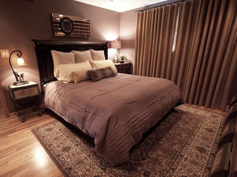 I like the rug under the bed!  You cant still put your feet on carpet but not have all the hassle of carpet! Purple And Brown Bedroom, Brown Curtains Bedroom, Contemporary Bedrooms, Brown Curtains, Purple Bedrooms, Purple Bedroom, Transitional Bedroom, Serene Bedroom, Bedroom Pictures