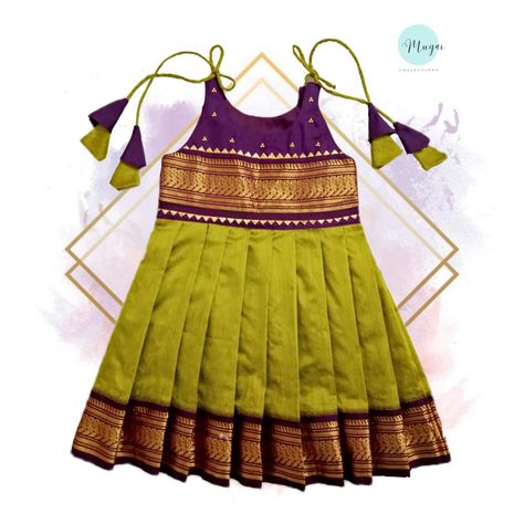 Kids tie at shoulder frock from Mugai Collections Kids Pattu Frock Designs, Pattu Frocks For Kids, Traditional Baby Dresses, Pavadai Sattai, Lace Blouse Design, Frocks For Kids, Kids Dress Collection, Kids Blouse Designs