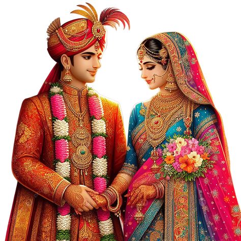 Indian Bride Traditional, Wedding Clipart Free, Wedding Cards Images, Indian Wedding Invitation Card Design, Caricature Wedding, Wedding Card Frames, Indian Wedding Invitation Cards, Couple Wedding Dress, Indian Wedding Couple