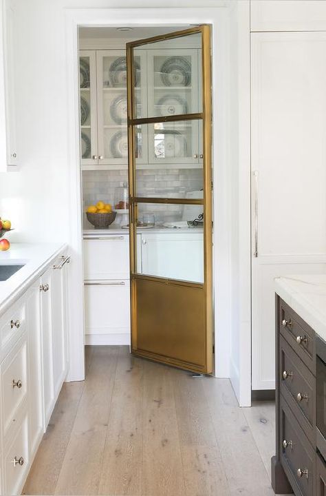 Kitchen Pantry with Vintage Brass and Glass Door - Transitional - Kitchen L Shaped Pantry, White Kitchen Pantry, Ikea Laundry Room, Wooden Pantry, Kitchen Pantry Doors, Blue Laundry Rooms, Glass Pantry Door, Glass Pantry, Shiplap Backsplash