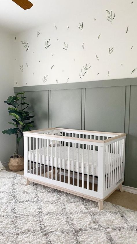 #babyroom #babyboyroom #ikeanursery #nurseryideas Nursery Room Green Wall, Nursery Accent Wall Half Wallpaper, Sage Green Nursery With Grey Crib, Nursery Accent Wall Sage Green, Shiplap Nursery Wall Gender Neutral, Wall Treatments Nursery, Half Wood Accent Wall Nursery, Gender Neutral Nursery Green Accent Wall, Small Nursery Ideas Wallpaper