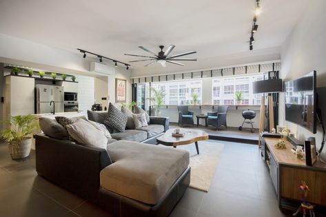 A resale flat gets a large enclosed balcony and more space | Lookboxliving Singapore Interior Design, Singapore Interior, Black Floor Tiles, Living Room Renovation, Interior Design Singapore, Interior Design Concepts, Room Renovation, Spacious Living, Contemporary Interior Design