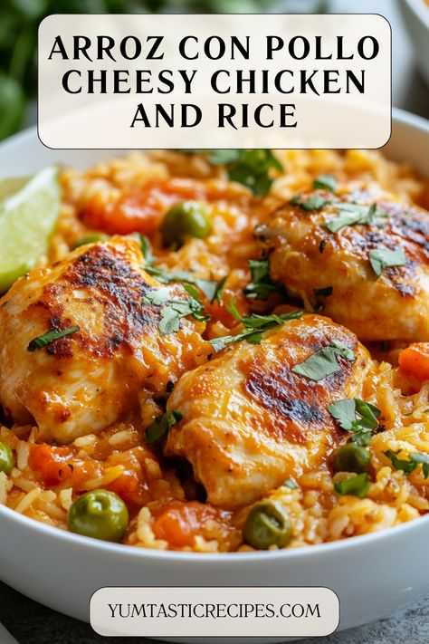 Bring bold Latin flavors to your table with this cheesy arroz con pollo! Tender chicken, seasoned rice, and melted cheese come together for a one-pot meal that’s hearty, flavorful, and family-friendly. Perfect for weeknights or gatherings—this dish is a winner!

#ArrozConPollo #CheesyChickenAndRice #LatinInspiredRecipes #OnePotMeals #ComfortFood Cheesy Chicken And Rice, Cheesy Rice, Seasoned Rice, Chicken And Rice, Tender Chicken, Cheesy Chicken, Classic Dishes, Refried Beans, Melted Cheese