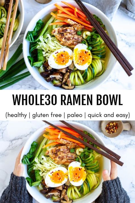 A simple and satisfying ramen bowl full of vegetables, protein, and a savory broth.  Gluten free.  Paleo.  Whole30 compliant. Recipe 30, Paleo Whole 30, Ramen Bowl, Whole 30 Recipes, Whole 30, Paleo Diet, Clean Eating Snacks, Paleo Recipes, Broth