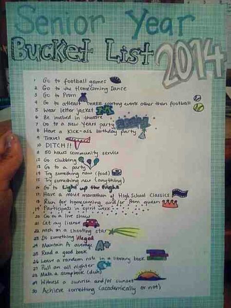 Senior Year Bucket List #2015 Senior Year Bucket List, Senior Year Checklist, Senior Bucket List, High School Bucket List, Year Bucket List, Senior Year Fun, Senior Year Of High School, Bucket List Ideas, Class Of 2016