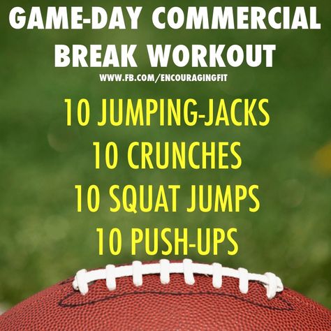 Commercial break workout. Football. Fitness. workouts. and motivation. Encouraging fitness www.fb.com/encouragingfit Commercial Break Workout, Tv Workouts, Football Fitness, Simple Workouts, Crossfit Workouts At Home, Circuit Workout, Jump Squats, Crossfit Workouts, Superbowl Party