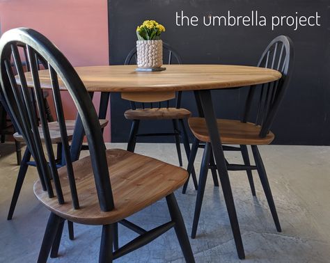 Ercol dining set comprising of refurbished 384 table and 4 X 400 chairs. Natural and Annie Sloan Chalkpaint® Athenian Black. Local Delivery or Collection. Dining Room Table Upcycle, Ercol Chair Upcycle, Black And Oak Table, Painted Dining Chairs With Wood Table, Dining Chair Upcycle, Black And Wood Chairs, Black And Wood Dining Chairs, Upcycle Table And Chairs, Black Painted Dining Chairs