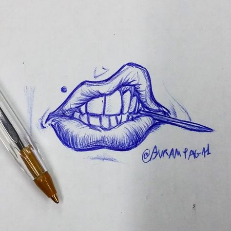 Pen Lips Drawing, Biro Drawing Easy, Ball Point Pen Art Easy, Pen Drawings Ideas, Ballpen Drawing Easy, Blue Pen Art Simple, Ball Pen Art Easy, Pen Art Easy, Drawing Ideas With Pen