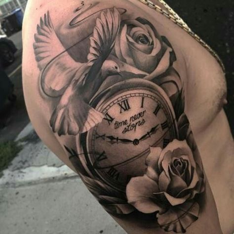 Tattoo ideen Watercolour Tattoo Men, Clock And Rose Tattoo, Dove Tattoos, Date Tattoos, Clock Tattoo Design, Men Tattoos Arm Sleeve, Mens Shoulder Tattoo, Upper Arm Tattoos, Watch Tattoos