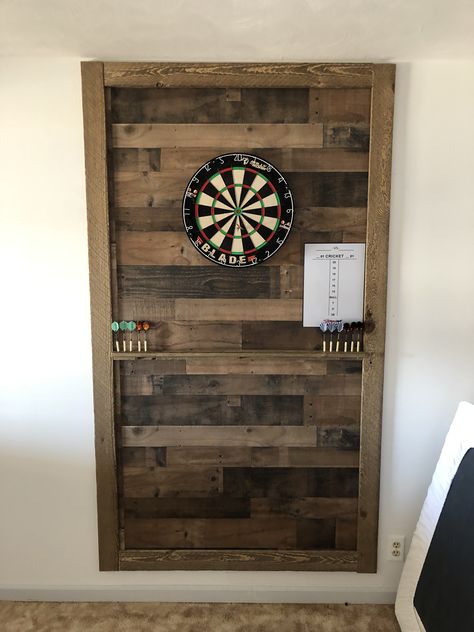 Barnwood Dart Board Wall, Wood Dart Board Wall, Dart Board Wood Wall, Dartboard Wall Ideas, Wood Trim Basement, Basement Dart Board Ideas, Dart Board Wall Ideas Diy, Basement Dart Board Wall, Dart Board Backboard Diy