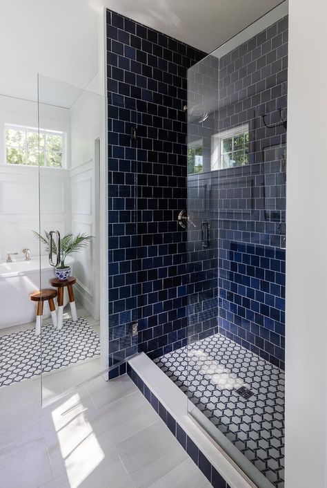 Navy Tile Bathroom, Lakehouse Bathroom Ideas, Indigo Bathroom, White Lake House, Navy And White Bathroom, Lilypad Cottage, Lake Bathroom, White Tile Shower, Lake House Bathroom