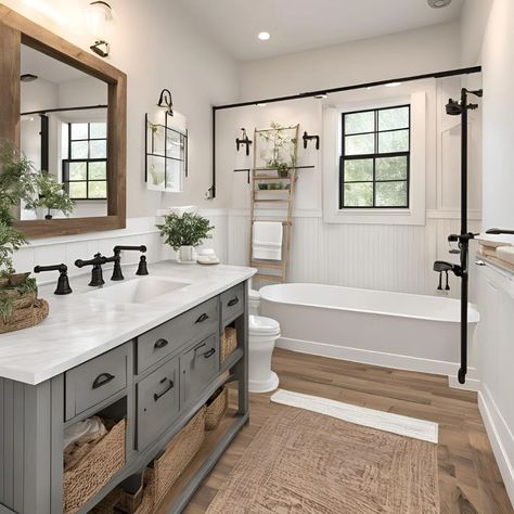 Farmhouse Bathroom Ideas for a Modern Rustic Look Modern Farmhouse Basement Bathroom, Bathroom With Personality, Cozy Modern Farmhouse Bathroom, Ranch House Bathroom Remodel, Country Home Bathroom Ideas, Bathrooms Farmhouse Style, Wood Tiles Bathroom Floor, Grey White And Wood Bathroom, Black White And Wood Bathroom Ideas