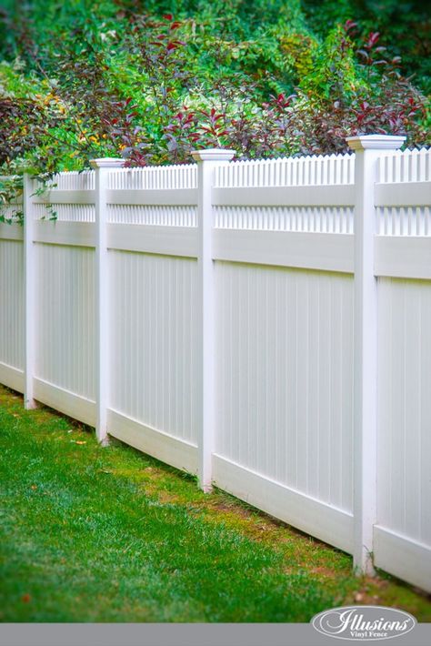 Who Makes the Best White Vinyl Fence? | Illusions Fence White Vinyl Fence, Vinyl Fence Panels, Vinyl Privacy Fence, Vinyl Railing, Pvc Fence, Yard Fence, Privacy Fence Designs, Front Fence, White Fence