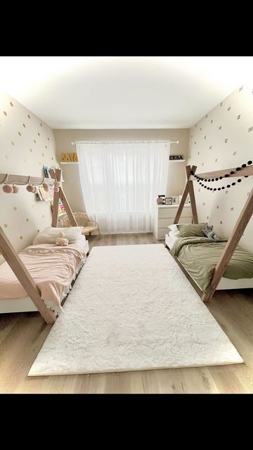 Shared Kids Room Boy And Girl Bunk Beds, Son And Daughter Room Ideas, Twin Room Small Space, Two Montessori Beds In One Room, Twin Toddler Girl Bedroom, Two Girl Room Ideas, Boy And Girls Shared Room, Twin Girl Bedrooms Toddler, Toddler Twin Girls Bedroom Ideas