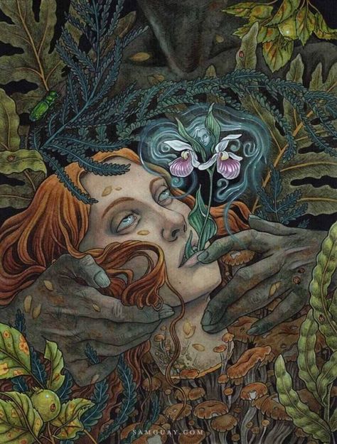 The Hypnotic Visions of Sam Guay: Art, Nature, & Divination – Beautiful Bizarre Magazine Pagan Gods, Watercolour And Ink, Wow Art, Pop Surrealism, Watercolor And Ink, Dark Art, Painting Inspiration, Lovers Art, Surrealism