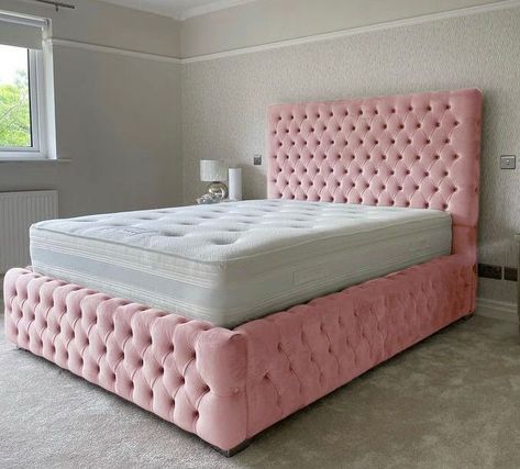 Deep Buttoned Headboard, Unique Bed Frames, Sleep In Peace, Chesterfield Bed, Pink Headboard, Grey Bedroom Decor, Girly Apartment Decor, White Room Decor, Luxury Room Bedroom