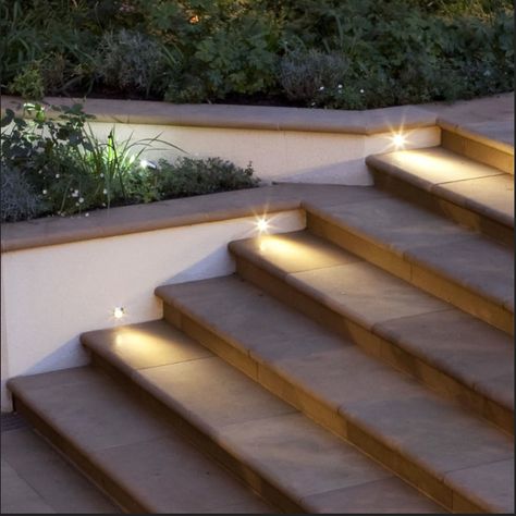 lighting for garden steps Lights In Steps Outside, Garden Steps Lighting, Lights For Steps Outdoor, Exterior Stair Lights, Garden Stair Lighting, External Steps, Deck Stair Lights, Garden Path Lighting, Transitional Homes