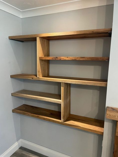 Dark Oak Shelving, Wall Alcove Ideas, Alcove Bookshelves, Shelves With Brackets, Coastal Granny, Alcove Shelves, Alcove Shelving, Timber Shelves, Cupboard Shelves