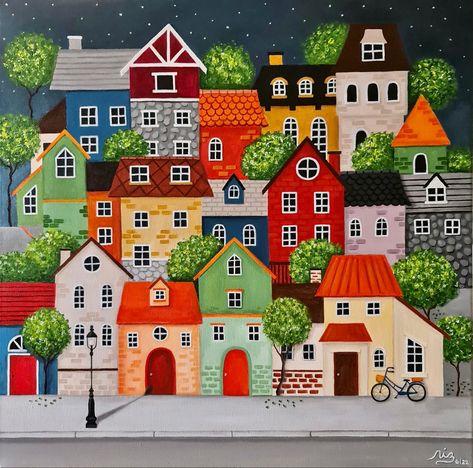 Modern Art Canvas Painting Landscape, Painting Houses On Canvas, Building Painting Acrylic, An Old Soul, Whimsical Art Paintings, Building Painting, Art Village, Diy Watercolor Painting, Scandinavian Folk Art