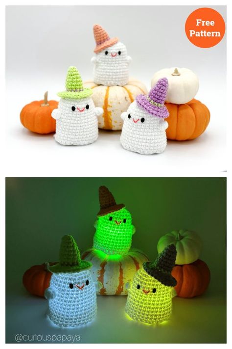 Mini Glow-in-the-Dark Ghosts Free Crochet Pattern Crochet Pacman Ghost, Halloween Arugumi, Crochet Glow In The Dark Patterns, Glow In The Dark Yarn Crochet Patterns, Arugumi Crochet, Glow In The Dark Crochet, Ghost Crochet, Ghost Character, Pumpkin Patterns Free