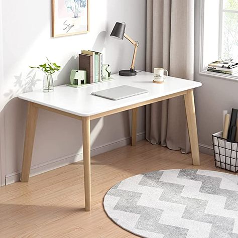 Simple Wooden Desks, Simple Study Desk, Tv Desk, White Wood Desk, Nordic Desk, Wooden Study Table, Desk Tv, Workbench Organization, Wooden Writing Desk