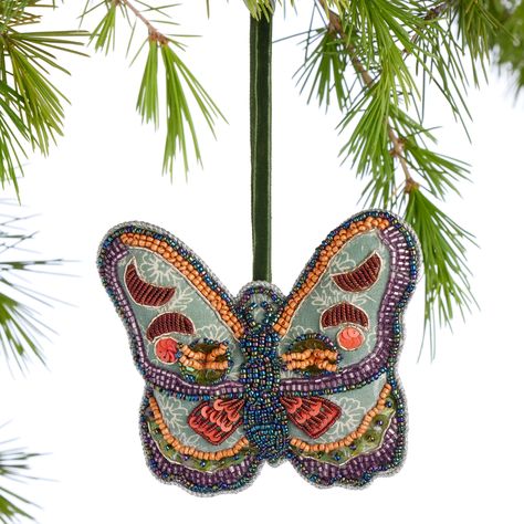 Block Print Fabric Beaded Butterfly Ornament - World Market World Market Christmas Decor, Whimsy Christmas, Butterfly Garland, Indian Block Print Fabric, Rugs Outdoor, Beaded Butterfly, Butterfly Ornaments, Fabric Butterfly, Block Print Fabric