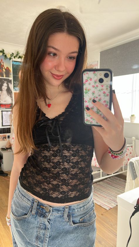 Lace Tank Outfit, Strawberry Necklace, Black Lace Tank Top, Blue Lace Top, Lacey Tops, Weather Outfits, Tank Outfit, Warm Weather Outfits, Outfit Black