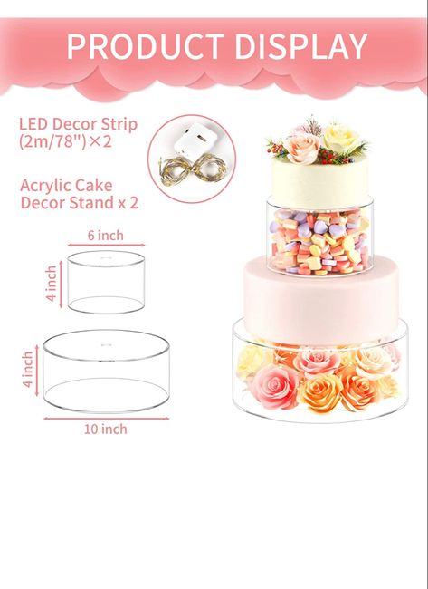 💓💕💞CREATIVE DIY PERFORMANCE - The cake tier can be filled with a variety of creative decorations to create stunning centerpieces. The fillable cake stand display box with Lid can be filled with colorful flowers, confetti, small toys, string lights, cookies, candies, balloons, confetti, lights, desserts, or other creative and stunning decorations, etc., It is perfect for weddings, birthdays, party scenes, and more! Cake Stand Centerpiece, Acrylic Cake Stand, Cake Riser, Centerpiece For Wedding, Acrylic Cake Stands, Cake Stand Display, Elegant Centerpieces, Led Christmas Lights, Cake Display