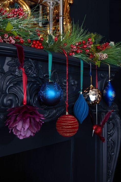 Jewel Tone Christmas Decor, Maximalist Christmas Decor, Jewel Tone Christmas, Lights For Christmas, Navy Christmas, Christmas Mantle Decor, Dark Christmas, 2023 Vision, Christmas Inspo