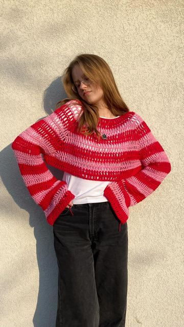 Pink And Red Sweater Outfit, Crochet Pink Sweater, Heart Sweater Crochet, Mesh Sweaters, Pink And Red Crochet, Red Crochet Sweater, Pink Crochet Sweater, Red Sweater Outfit, White Crochet Top