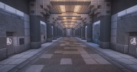 Minecraft Modern Wall, Underground Entrance Minecraft, Minecraft Batcave, Minecraft Science Lab Build, Minecraft Bunker Entrance, Minecraft Laboratory Ideas, Minecraft Hallway Designs, Lab Minecraft, Minecraft Bunker