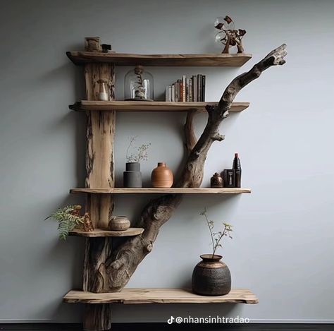 Log Shelf, Wall Rack Design, Floating Nightstand Ideas, Live Edge Wood Furniture, Modern Floating Nightstand, Nightstand Ideas, Driftwood Shelf, Blanket Wall, Log Cabin Interior