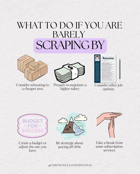 What to do if you are barely scraping by: Things are tough right now. The prices of everything seem ridiculously high (I mean, I can’t even make it out of the grocery store for less than $275 these days 🙄 ) Credit card debt is soaring for so many individuals and families. And incomes, well, they just aren’t keeping up. So, how can you improve your financial situation if you are barely scraping by? 1️⃣ Consider relocating to a cheaper area Moving has its own expenses, so you will need t... Higher Salary, Financial Literacy Lessons, Saving Money Chart, Paying Off Debt, Money Saving Methods, Help Save Money, Money Saving Techniques, Credit Card Debt, Money Strategy