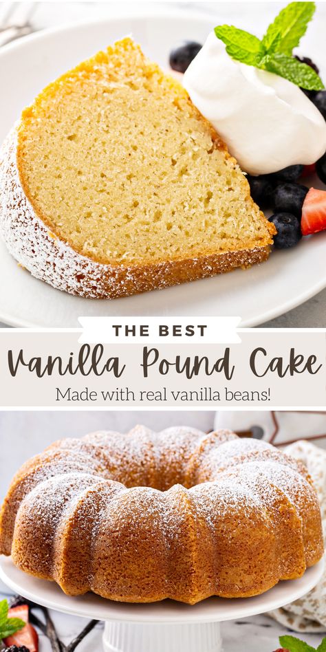 This golden and buttery, buttermilk Vanilla Bean Pound Cake is perfectly dense and moist and each bite is loaded with flecks of vanilla bean! #VanillaPoundCake #PoundCake #Cake #VanillaBean #PoundCakeRecipe #SummerRecipes Pund Cake, Vanilla Pound Cake Recipe, Vanilla Bean Recipes, Best Pound Cake Recipe, Brownie Desserts Recipes, Pound Cake Recipes Easy, Novice Chef, Buttermilk Pound Cake, Moist Pound Cake