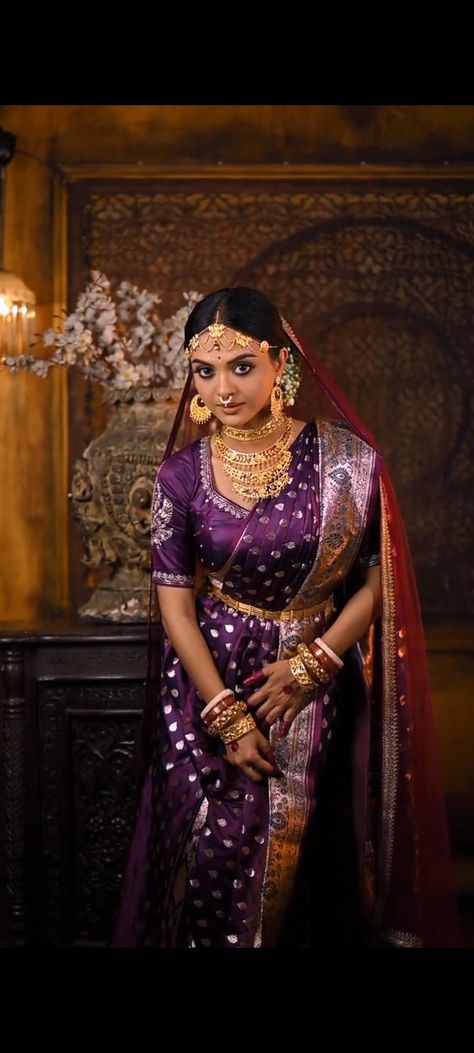 Bridal Saree Draping Styles, Violet Bridal Saree, Bengali Saree Draping, Bengali Bride Maroon Saree, Purple Nauvari Saree Bride, Dusky Bengali Bride, Bengali Bride Ashirbad Look, Bengali Saree, Nauvari Saree