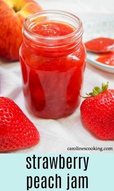 This strawberry peach jam is a true taste of summer. Easy to make, with less sugar than your typical jam, it's perfect on toast and so much more. Without pectin. #jam #canning #strawberry #peach Strawberry Peach Jelly, Strawberry Peach Jam Recipe, Strawberry Peach Recipes, Strawberry Peach Jam Canning, Peach Canning Ideas, Pectin Substitute, Peach Recipes For Canning, Strawberry Peach Jam, Canning Jams