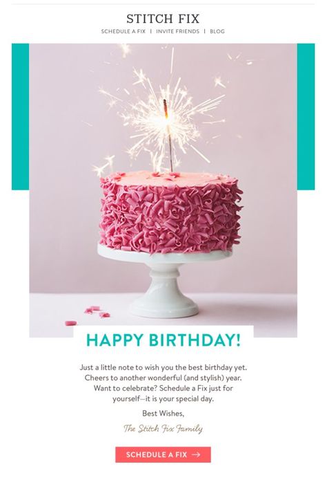 Stitch Fix sent this email on our birthday! #emaildesign #emailmarketing #emailmarketingdesign #newsletterdesign #newsletterideas #newsletteremaildesign Happy Birthday Email, Birthday Mail, Engagement Emails, Birthday Email, Birthday Image, Email Template Design, Email Design Inspiration, Email Marketing Design, Email Template