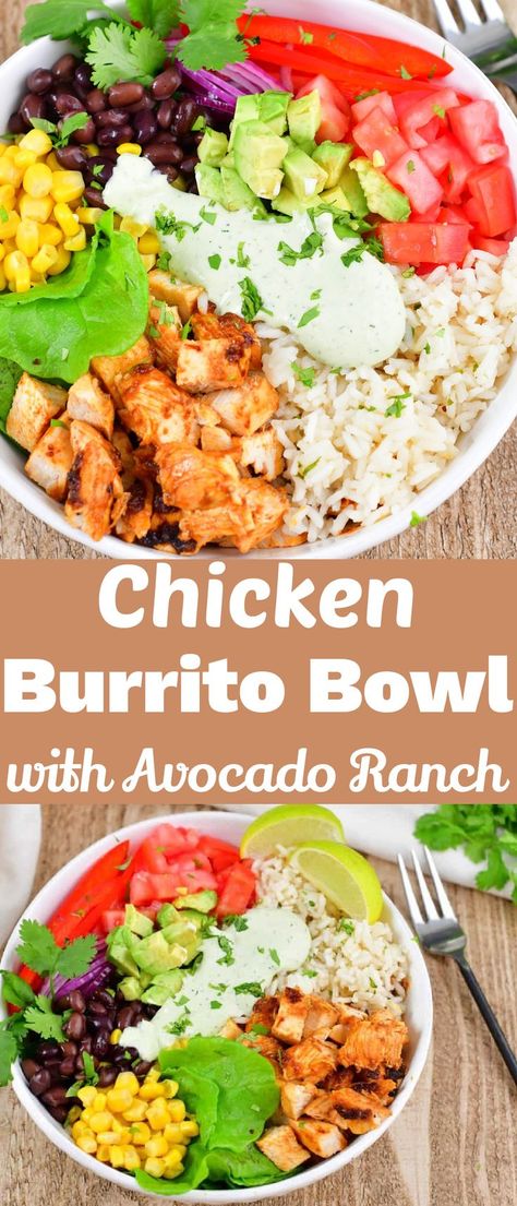 Chicken Avocado Rice, Homemade Avocado Ranch Dressing, Chicken Cilantro, Chicken Burrito Bowls, Avocado Ranch Dressing, Burrito Bowls Recipe, Cilantro Rice, Recipe Using Chicken, Avocado Ranch