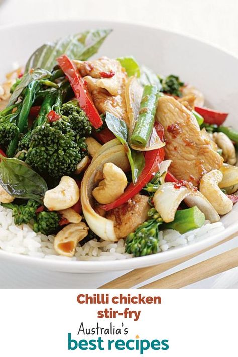 Keep dinner simple with this flavoursome chilli chicken stir-fry! Chilli Chicken Stir Fry, Spicy Chilli, Dinner Simple, Stir Fry Recipes Chicken, Chicken Breast Fillet, Hot And Spicy, Chilli Chicken, Raw Cashews, Chicken Stir Fry