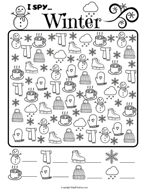 Winter I Spy, January Activities, Winter Activities Preschool, Winter Words, Christmas Worksheets, Winter Kindergarten, Winter Activities For Kids, Coloring Page Printable, Winter Preschool