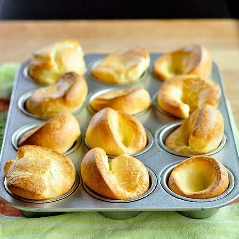 One of nature's great wonders, popovers are made with just milk, eggs, and flour. Plus a little butter and sugar, if you're feeling sneaky. Whisk, pour into tins, and bake (no peeking!). A half hour later, you're rewarded with the most incredibly airy and crispy puffs you could ever imagine. Oh, and p.s., no popover tin required. Popover Recipe, Yorkshire Pudding Recipes, Yorkshire Puddings, Muffin Tin Recipes, Yorkshire Pudding, Muffin Tin, Puddings, Bread Baking, Baked Goods