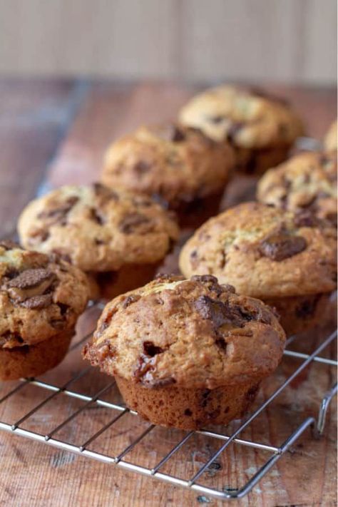 Chocolate Toffee Muffins are sweetly irresistible. Chop up your favorite toffee candy bars and stir them into a basic muffin batter. This easy recipe bakes up light and fluffy. You're gonna love these. #muffinrecipe #chocolatetoffee #easymuffinrecipe Toffee Muffins, Basic Muffin, Chocolate Toffee Bars, Homemade Blueberry Muffins, Best Blueberry Muffins, Toffee Candy, Toffee Bars, Simple Muffin Recipe, Muffin Batter