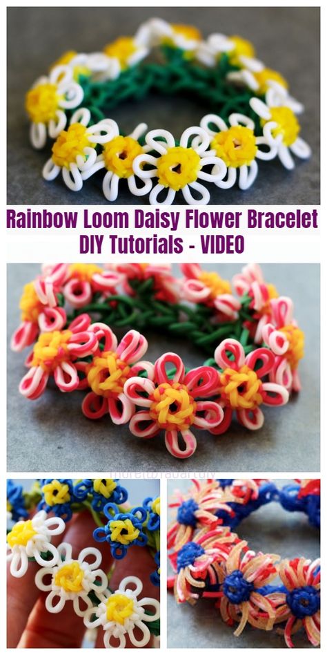 DIY Rainbow Loom Daisy Flower Bracelet Tutorials - Video Rainbow Loom Flower Bracelet, Rainbow Loom Bracelets Patterns, Loom Bracelets Patterns, Rainbow Loom Flower, Loom Band Patterns Instructions, Rainbow Loom Animals, Loom Bands Designs, Loom Flowers, Daisy Flower Bracelet