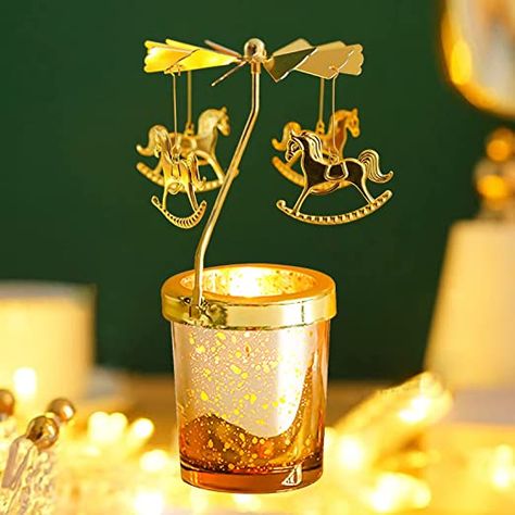 Gold Votive Candle Holders Thermal Rotating Candlestick Tealight Candle Holders for Pillar Candles in Bulk for Table and Party Centerpieces (Carousel)