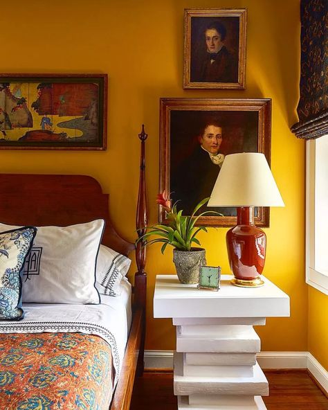 Yellow Bedrooms, Yellow Bedroom Walls, Blue And White Home, Polka Dot Bedding, House Paint Interior, Yellow Room, Bedroom Wall Colors, Yellow Interior, Yellow Bedroom