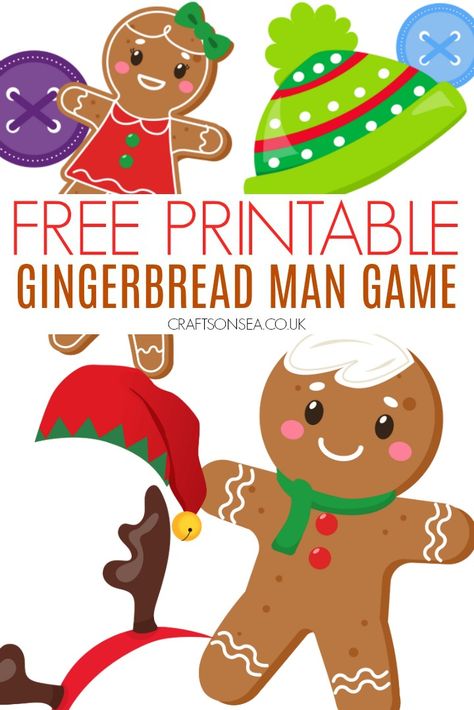 Gingerbread Man Game (FREE Printable) - Crafts on Sea Free Christmas Gingerbread Printables, Gingerbread Man Christmas Party Theme, Gingerbread Man Games Preschool, Printable Puppets Free, Paper Gingerbread Man Decorating Ideas, Gingerbread Bingo Printable Free, Printable Gingerbread Man Template, Roll A Gingerbread Man Dice Game, Decorate A Gingerbread Man Craft